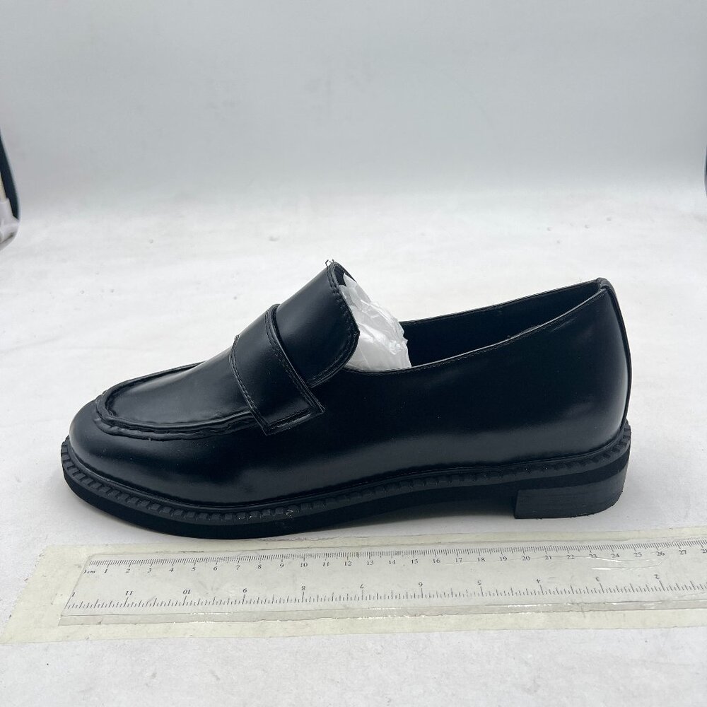 Black Chunky Low Heel Loafers Casual Slip On Round Toe Fashion Comfort Pumps